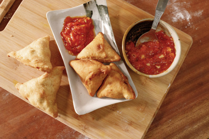 Asma Khan tomato chutney and samosas