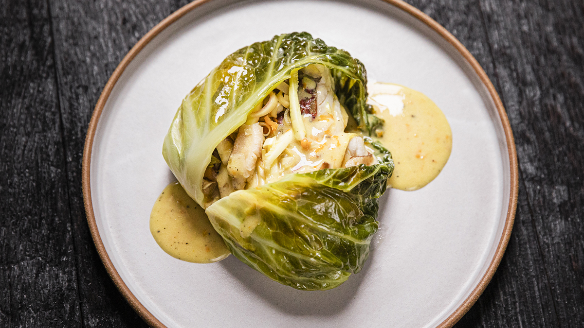 Cabbage Steamed Fish with Miso Hollandaise