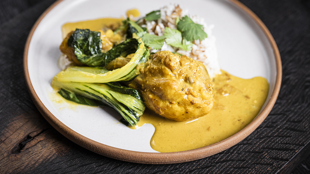 Peanut Braised Chicken with Coconut Carolina Rice.