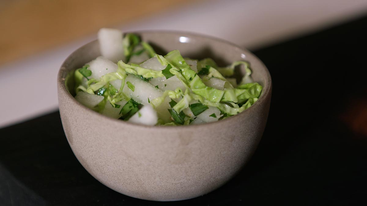 Asian Pear & Cabbage Slaw. Bump up boring coleslaw with this creative riff. The Asian pear and cabbage bring a crisp sweetness and punch of bright acidity.