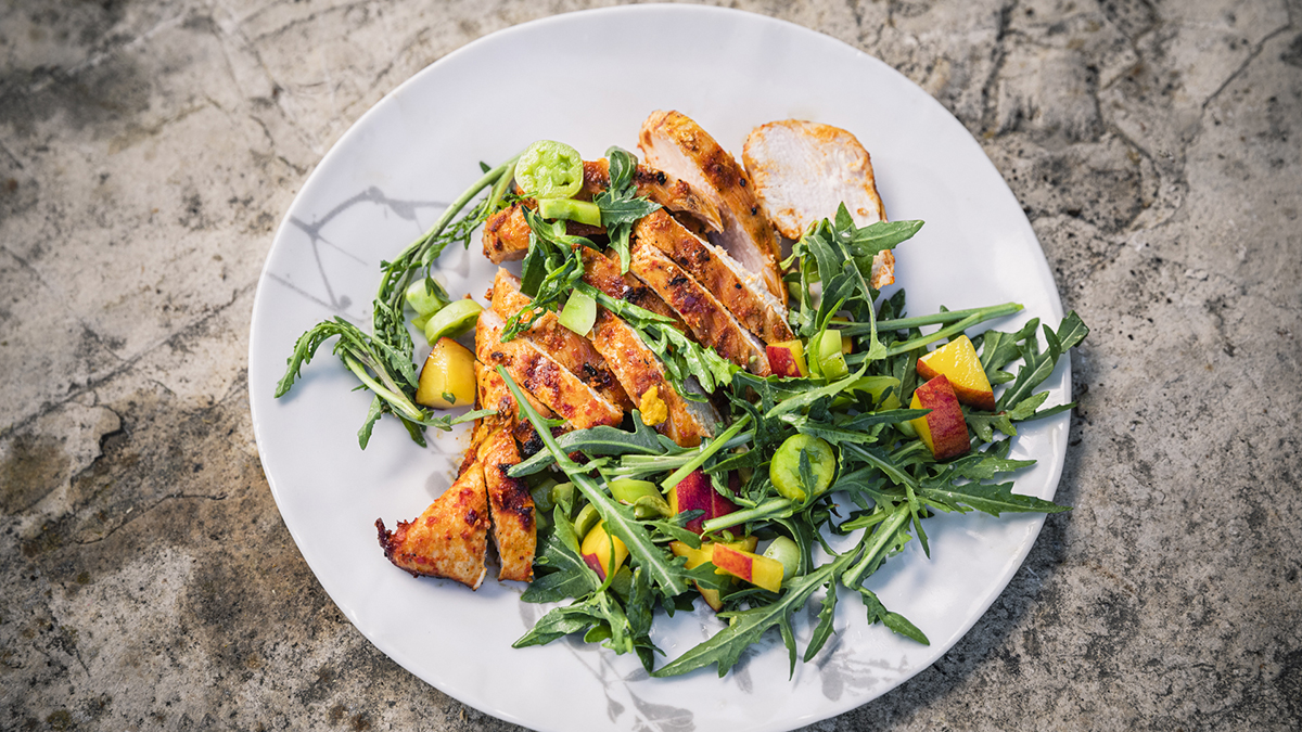 Harissa Chicken with Green Tomato & Peach Salad