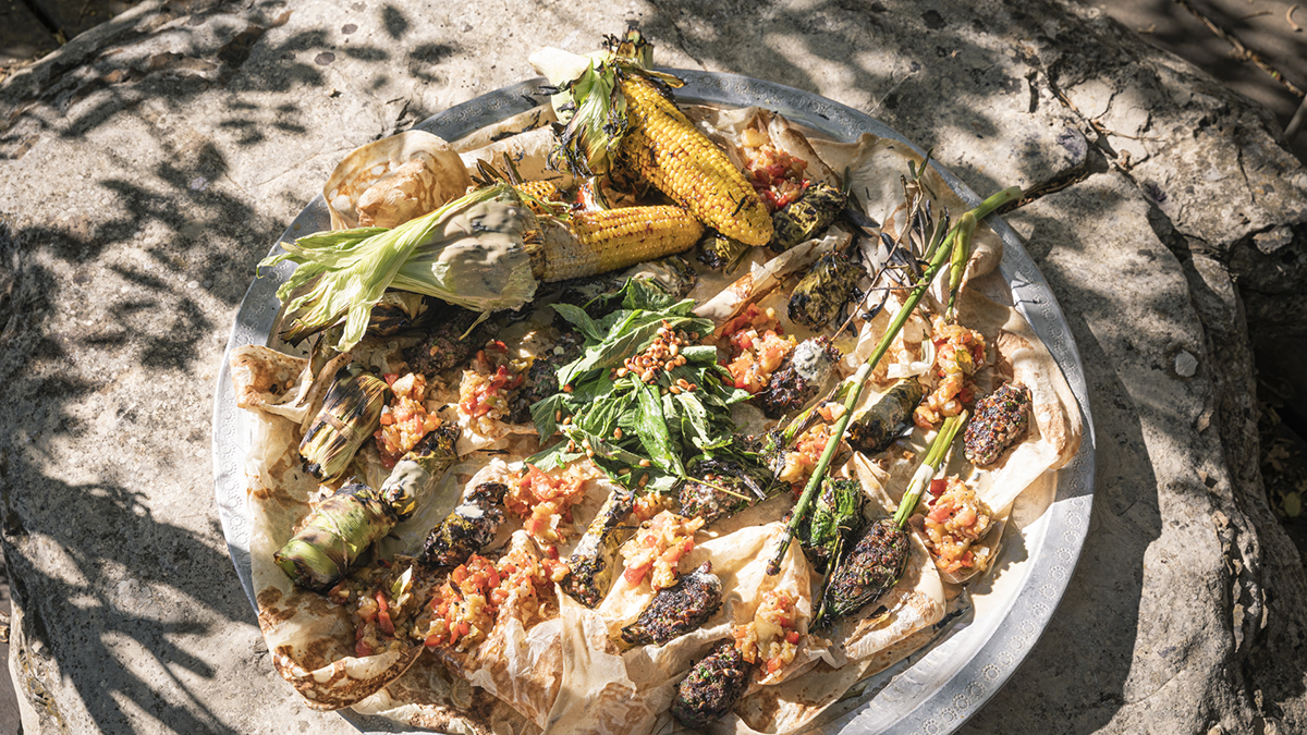 Lamb Kebabs, Roasted Corn, Mashwiya & Mulukhiyah