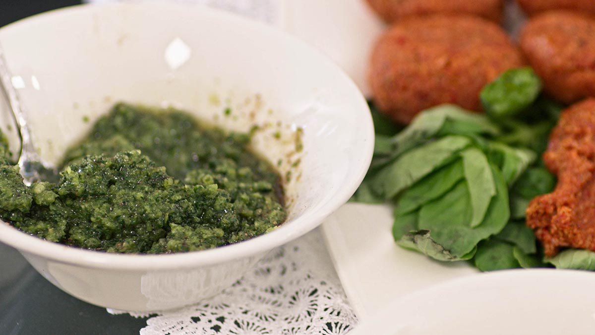 Classic Tatbileh. Onions, mint, marjoram, and basil are finely blended together to form an herbaceous sauce.