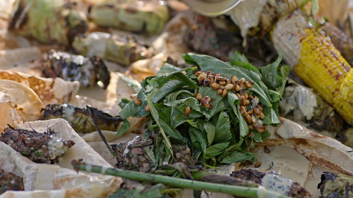 Mulukhiyah Salad. A leafy green salad with roasted pine nuts and dressed with lemon juice for added freshness. If you can’t find mulukhiyah leaves, substitute with spinach, kale, baby Swiss chard, or any other firm greens.