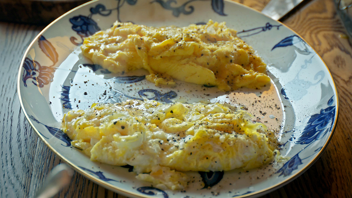 Broken Eggs. Francis shows you his broken style scrambled eggs, which you do right in the pan with a fork.