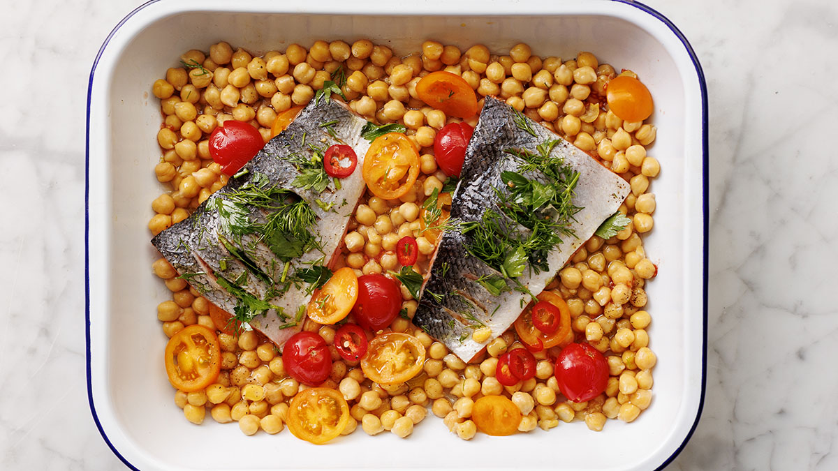 Herb-studded Salmon, Tomato & Chickpea Traybake