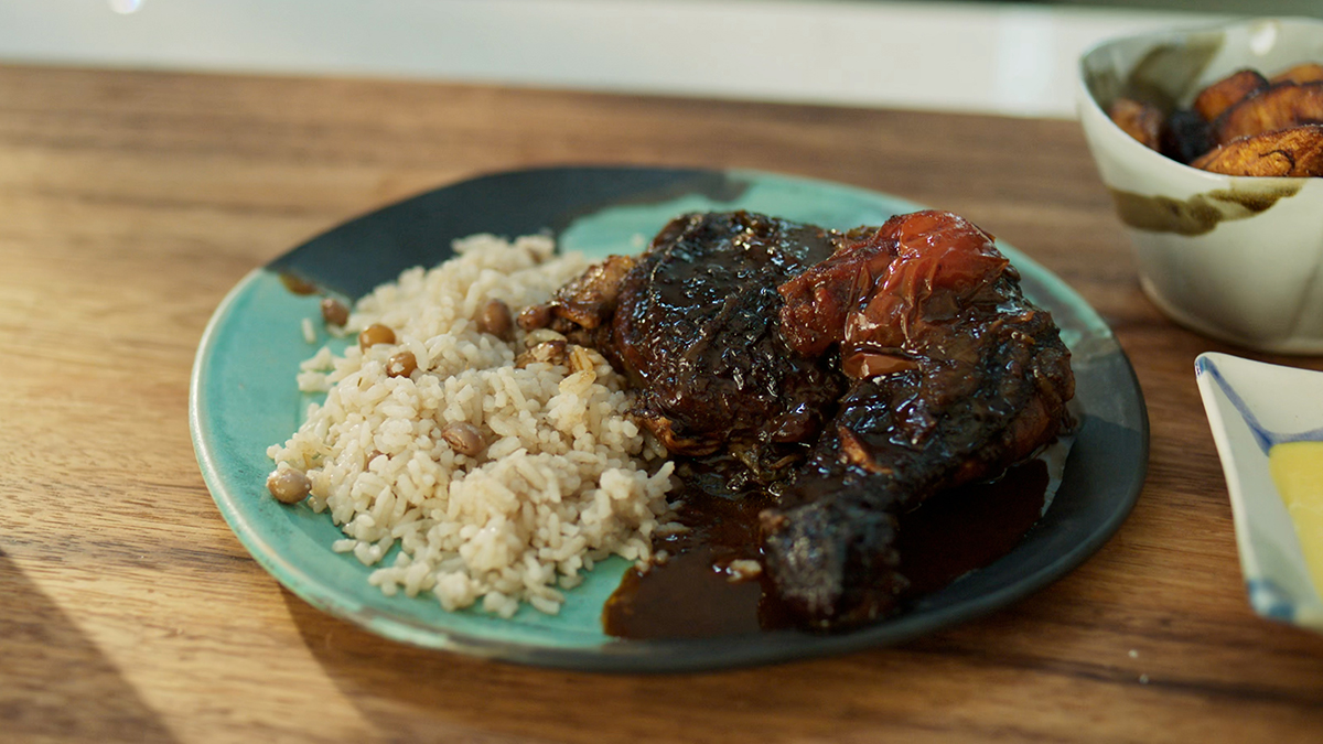 Brown Stew Chicken & Fried Plantain.