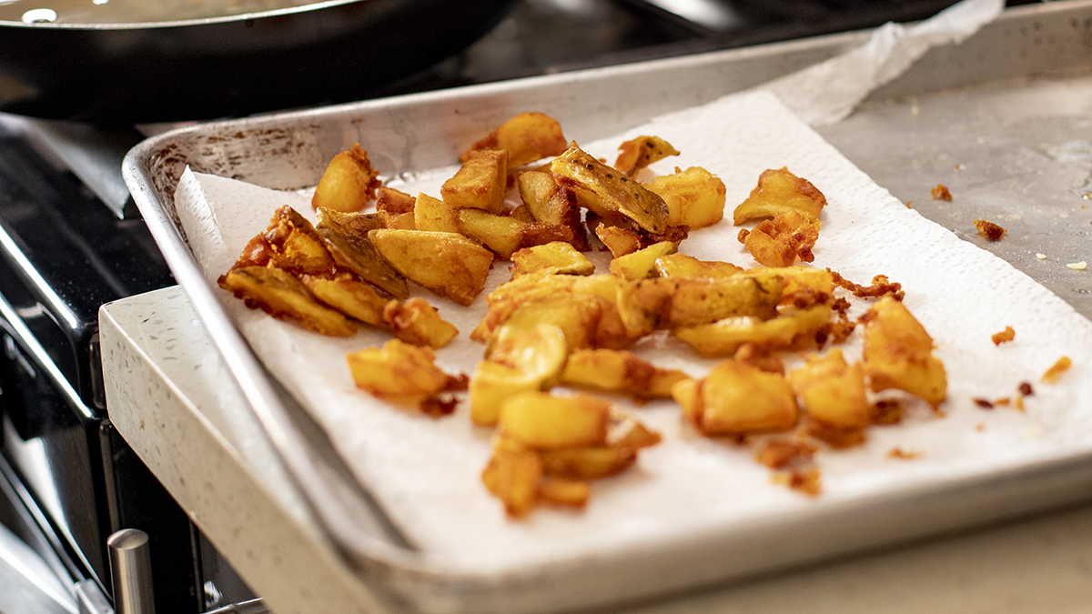 GBD Potatoes. What chefs in the industry call Golden, Brown, and Delicious potatoes, Kwame teaches you the method to making this french fry alternative. Parboil, cool, smash and fry, you’ll be shocked how simple, and fantastic these potatoes are.