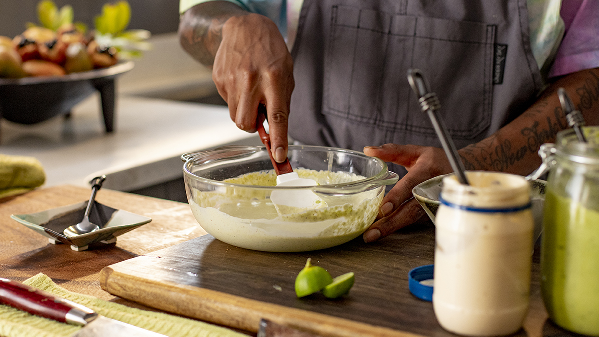 Green Seasoning Aioli. Enhance mayo with all-purpose seasoning, marination, and tangy lime juice. Then, smother green seasoning aioli all over the golden brown delicious potatoes.