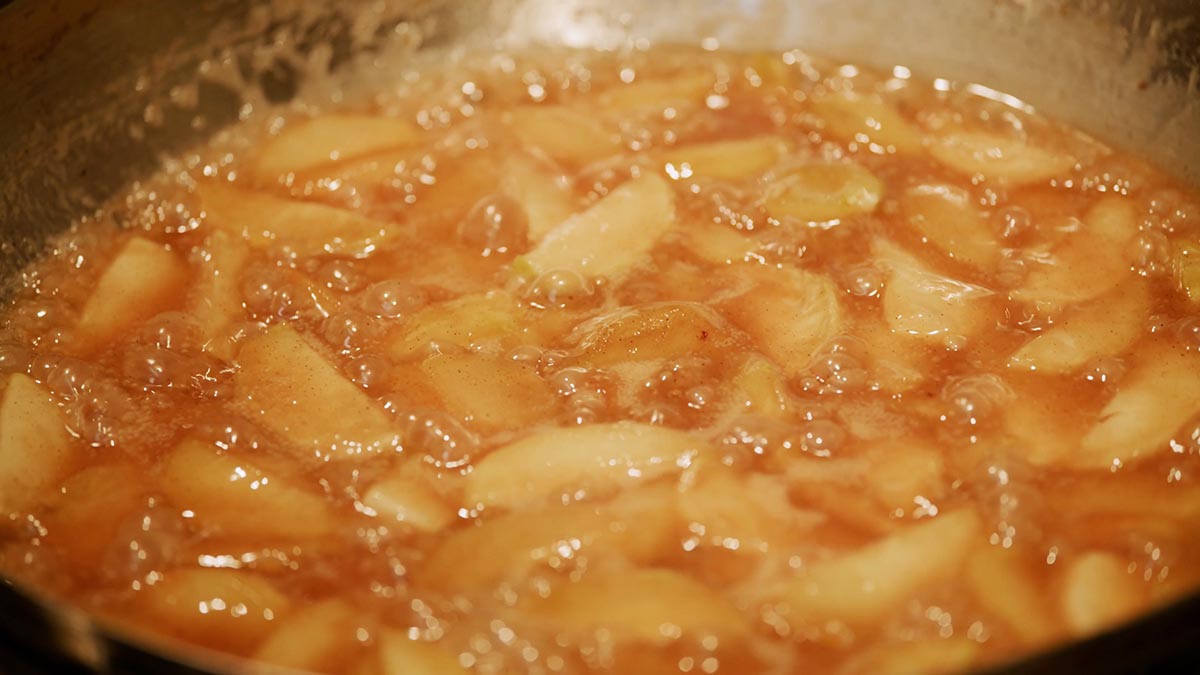 Caramelized Apples. Feel at home with this comforting apple pie recipe. Each pie bursts with a heaping cupful of sautéed apples. Nancy loves to top each pie with a big mound of vanilla gelato, and so should you.