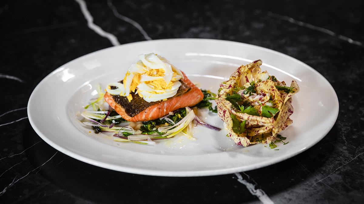 Ocean Trout with Castelfranco & Wild Arugula. Ever wonder how a chef conceives a new dish? Watch Nancy’s creative process from the farm truck to first bite in pursuit of a seasonal and delectable dish. Learn how to compose a plate to account for color, texture, moisture, depth and of course, flavor.