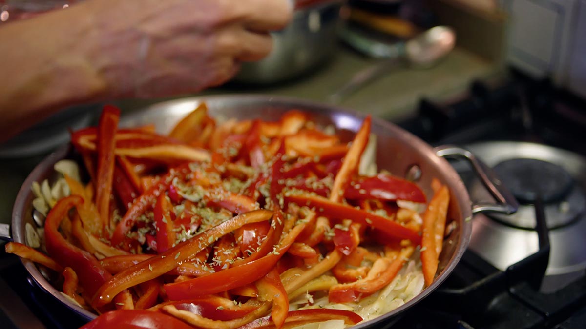 Peperonata. Nancy puts her own creative spin on this Italian stewed sweet pepper classic by roasting it in the oven to achieve a richer, more deeply caramelized flavor profile. These peppers are going to totally steal the show at your next party.