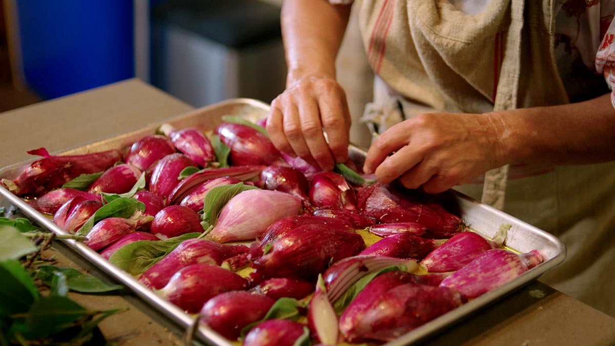 Roasted Onions with Apple Balsamic Vinegar. Chop up an onion, roast it in the oven with herbs until the edges begin to brown, drizzle with olive oil and apple balsamic vinegar, and you have an incredible accompaniment. Alternatively, you can roast in the same oven with your cabbage.