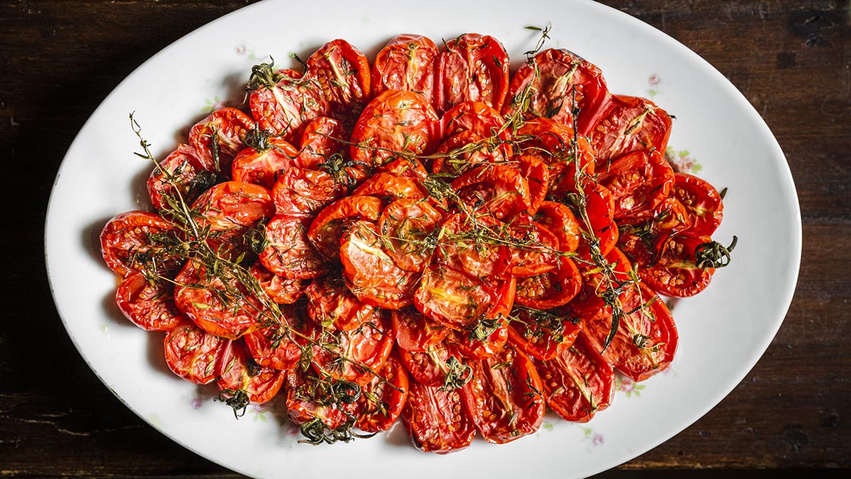 Roasted Tomato with Thyme. Simple and sublime, all you need are fresh herbs, olive oil, and a healthy blast of heat to make Nancy’s roasted tomatoes with thyme.